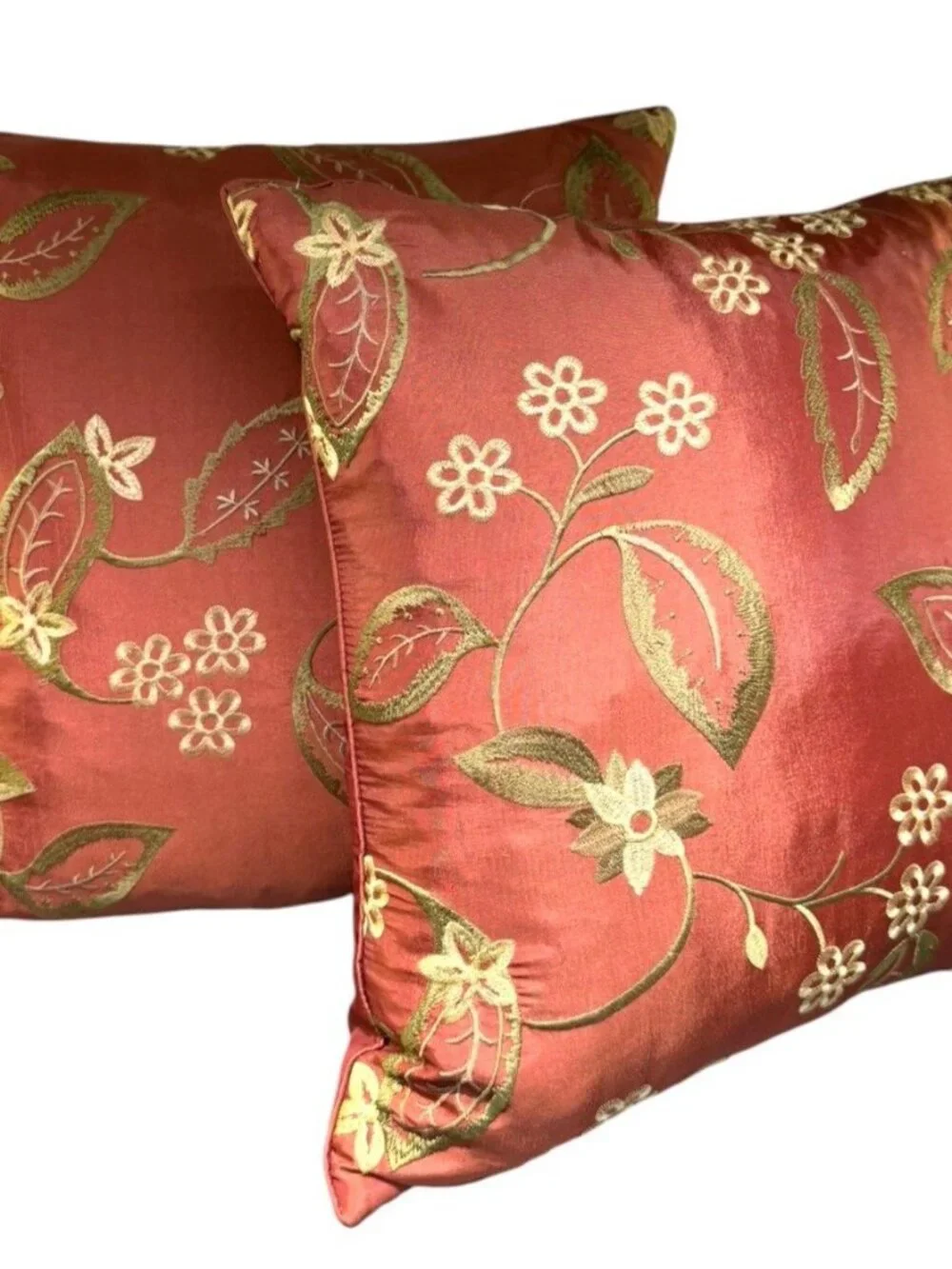 Set of 2 Rust/Gold Embroidered Floral Throw Pillows 17x17 Decorative Accent